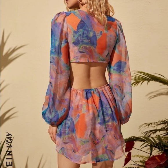 SHEIN VCAY Lantern Sleeve Knot Cutout Waist Chiffon Romper - Picture 2 of 4